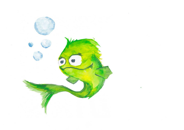 Watercolor painted green cartoon fish blowing bubbles. Watercolor drawing on a white background. - Fotoğraf, Görsel