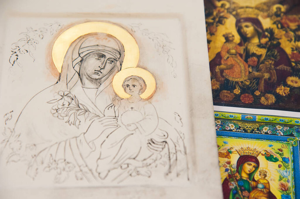 Restoration ancient Christian icon at restoration workshop - Photo, Image