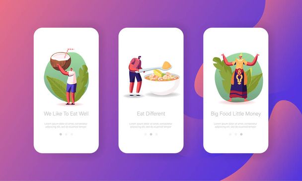 Thaimaan kansallinen ateria, Aasian ruoka Mobile App sivu aluksella näytön malli. Pienet ihmiset merkkiä ruoanlaitto Thaimaa lautasen Tom Yam Kung hapan keitto katkarapuja ja kalkki Concept. Sarjakuva vektori kuvitus
 - Vektori, kuva