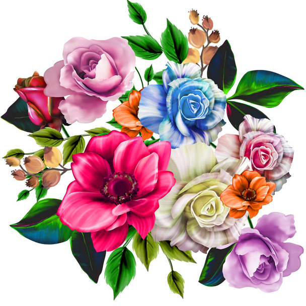 virágos illusztráció - csokor élénk rózsaszín élénk virágok, zöld levelek, esküvői álló, üdvözlet, tapéták, divat, hátterek, textúrák, DIY, papírok, kártyák. - Fotó, kép