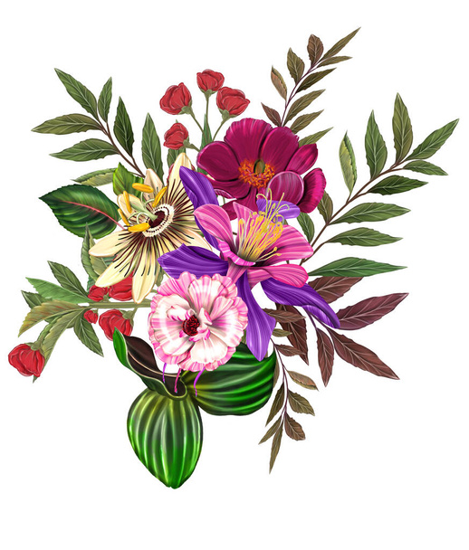 floral illustration - bouquet with bright pink vivid flowers, green leaves, for wedding stationary, greetings, wallpapers, fashion, backgrounds, textures, DIY, wrappers, cards. - Foto, immagini