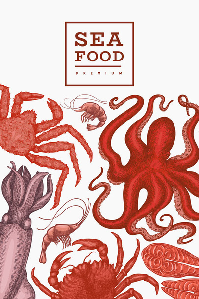 Seafood design template. Hand drawn vector seafood illustration. Engraved style food banner. Vintage sea animals background - Vetor, Imagem