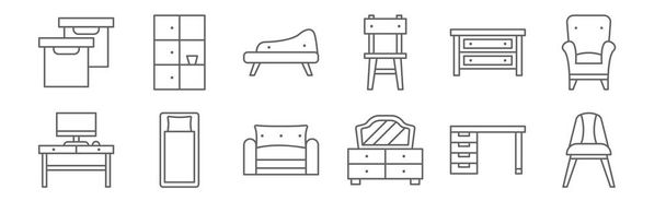 12 db bútor ikont tartalmazó készlet. vázlat vékony vonal ikonok, mint a karosszék, öltözőasztal, egyszemélyes ágy, fiókos szekrény, kanapé, szekrény - Vektor, kép