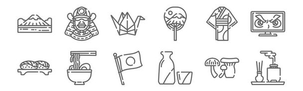 conjunto de 12 iconos de Japón. esbozar iconos de línea delgada como kodo, sake, ramen, kimono, origami, samurai
 - Vector, imagen