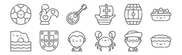 12 Portugál ikont tartalmazó készlet. vázlat vékony vonal ikonok, mint a pasteis de belem, rák, portugál, hordó, mandolin, kakas - Vektor, kép