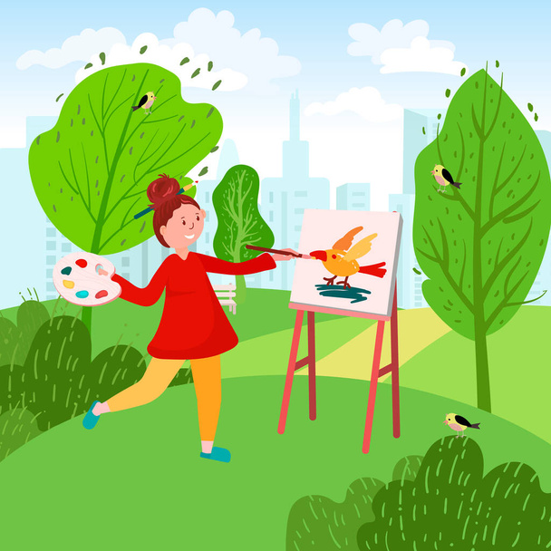 Girl goes to park for Plein air. Woman artist is painting outdoors with color, easel and canvas. Young artist on open air with color palette and paintbrush. Drawing workshop in vector illustration. - Vetor, Imagem