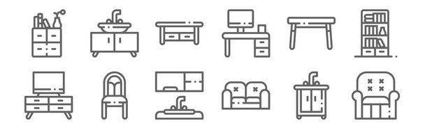 conjunto de 12 iconos de muebles. contorno de iconos de línea delgada como sillón, sofá, silla, mesa de comedor, mesa, fregadero
 - Vector, imagen