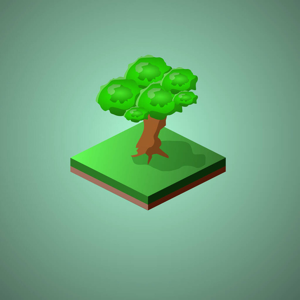 Izometryczne drzewo ze szczegółami kolorów i cieni leżących na zielonej trawie i ziemi, drzewo gry - Wektor, obraz