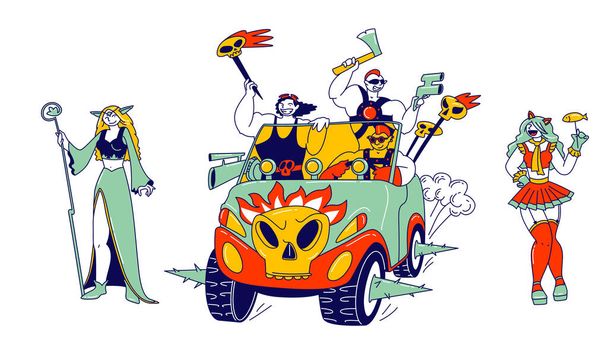 Έννοια χαρακτήρων Cosplay. Πολιτισμός Χόμπι και Ψυχαγωγία. Χαρούμενο πάρτι θαυμαστών του Anime. Cosplayers Men and Women in Outfit and Wigs Smiling and Riding Car with Skulls. Γραμμική απεικόνιση διανυσματικών ατόμων - Διάνυσμα, εικόνα