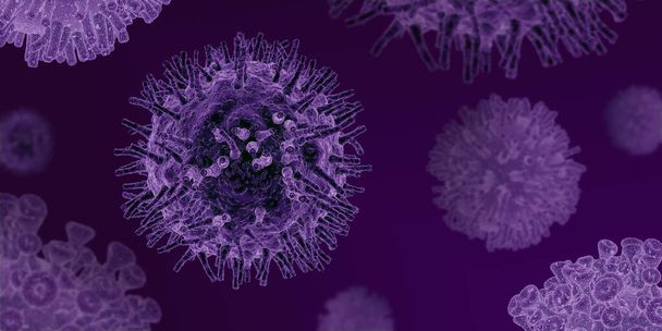 Эпидемия COVID-19. Микроскопический вид коронавирусных клеток на фиолетовом фоне, иллюстрация с пустым пространством. Панорама
 - Фото, изображение