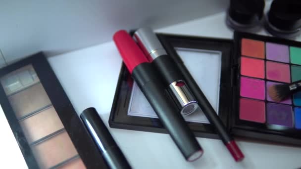 Palette mit Lidschatten und einem Make-up-Pinsel Kosmetik unterscheidet Puderfarben. - Filmmaterial, Video