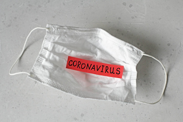 Medical mask on which word Coronavirus is written. Surgical used mask with rubber ear straps. Typical 3-ply surgical mask cover mouth, nose. Procedure mask bacteria. Protection against coronavirus. - Photo, Image