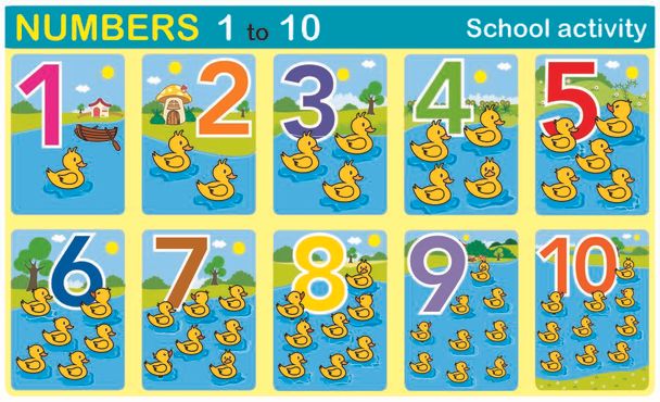 Numbers 1 to 10 for children in primary school and kindergarten - Vector, Image