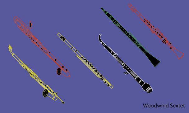 Linha de instrumentos musicais desenhados à mão, o contorno de flauta, oboé, piccolo e saxofones para um modelo, ou ilustração do dicionário da escola de arte. sexteto de vento de madeira - Vetor, Imagem