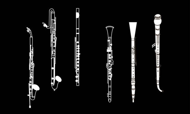Line hand-drawn various musical instruments, the white contour of alto, bass and soprano clarinet, oboe, English horn, flute for a template, or art school dictionary illustration on a black background - Vector, Image