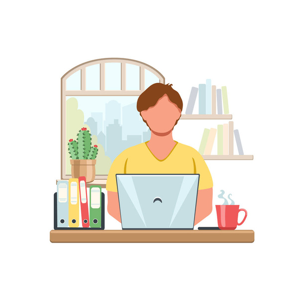 Een jongeman met een laptop die thuis werkt. Het concept van thuiskantoor. Mensen die thuis studeren of werken. Mensen thuis in quarantaine. Vector illustratie in platte stijl. - Vector, afbeelding