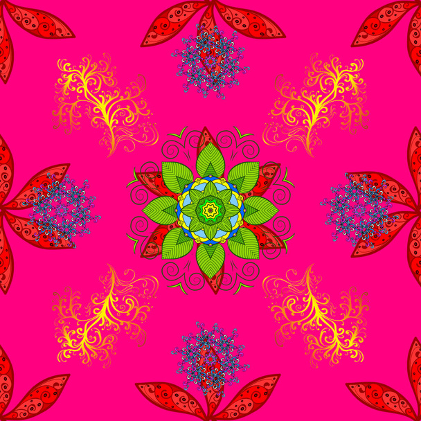 Vector - stock. Seamless background pattern. Flowers with leaves and chamomile with cornflowers on red, magenta and green colors. - Wektor, obraz
