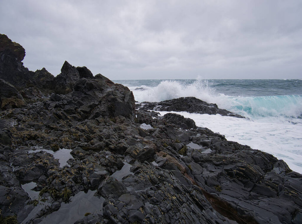Izlandon a tenger a sima vulkáni szikláknak csapódik - Fotó, kép