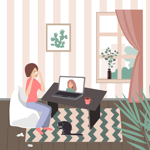 Femme en pleurs assis à son bureau devant son ordinateur portable ayant un appel en ligne avec son thérapeute. Illustration vectorielle
 - Vecteur, image