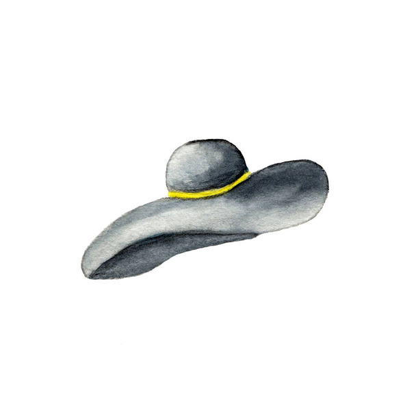 Gray beach hat with a yellow ribbon isolated on a white background.  Watercolor illustration. Beach season 2020. Summer - Zdjęcie, obraz