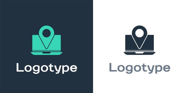 Logotype Laptop a helyzetjelző ikon elszigetelt fehér alapon. Logó tervezési sablon elem. Vektorillusztráció - Vektor, kép