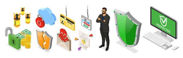 Cyber security isometric banner. Hacking and phishing. Guard protects computer from hacker attacks like steals password, credit card and spam. Internet Security vector with isometric icons people - Vektor, kép