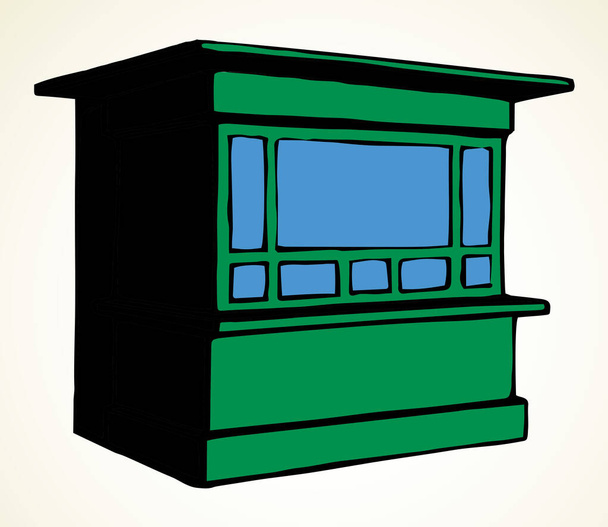 Helyi piac pláza stand butik doboz stand ház homlokzat külső. Fehér szöveghely. Zöld színű kéz üres város gyümölcs szakács kunyhó szimbólum. Kis városi főzés jégkrém állvány művészet retro könyv rajzfilm stílus - Vektor, kép