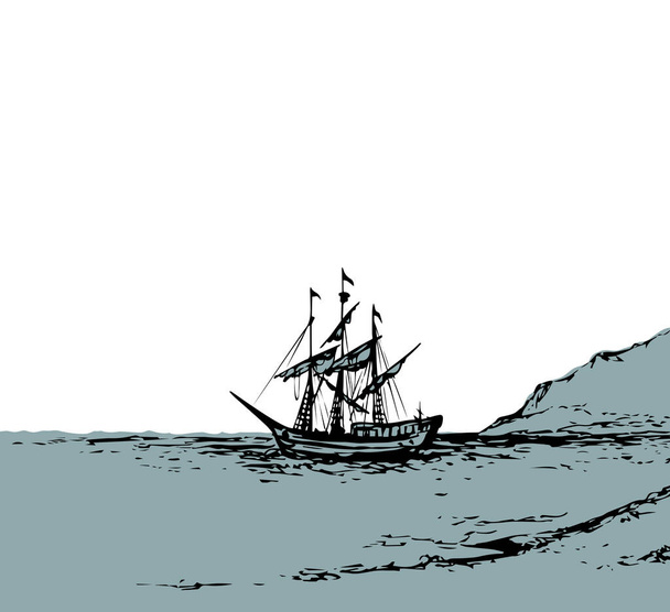 木製の海軍のバッカニーカーベルセーラー航海旅行シーン。白い空のテキストスペース。線黒インクペン手の芸術高齢者のドアの彫刻スタイルで審美的な風光明媚な湖の波砂の丘の湾の画像デザインを描いた - ベクター画像