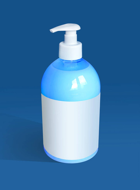 Alcohol hand sanitizer gel in pump bottle on blue background. Mockup for your design.3D illustration                             - Valokuva, kuva