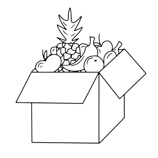 Kartonschachtel mit frischem Obst und Gemüse, Proviant. Vektor-Illustration im Cartoon-Doodle-Outline-Stil. Fertige Boxen in Supermärkten und Geschäften. Schnelle Lieferung nach Hause - Vektor, Bild