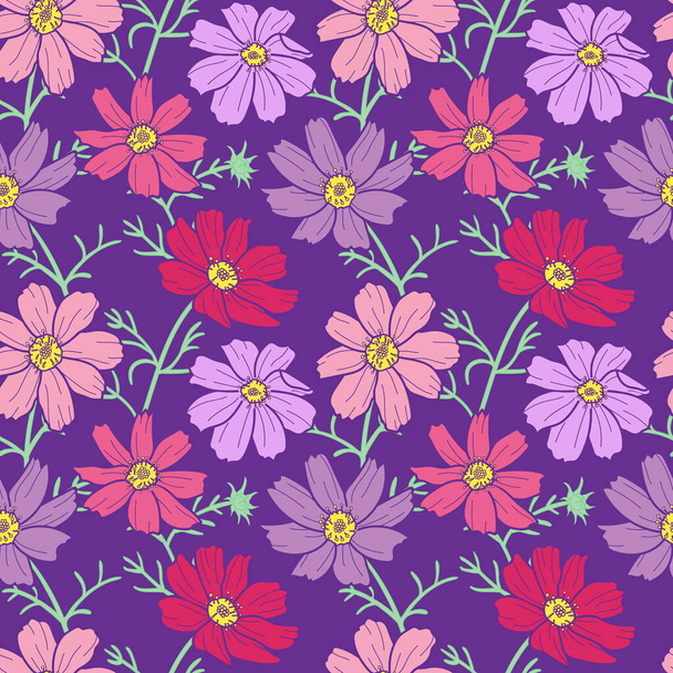 Rosafarbene und violette Kosmos-Blumen mit nahtlosem Muster auf violettem Hintergrund - Vektor, Bild
