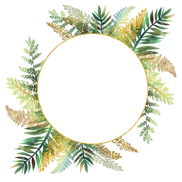 Cadre rond doré avec des feuilles de fougère tropicales vertes et dorées dessinées à la main sur fond blanc, mariage ou autre design de vacances
 - Photo, image