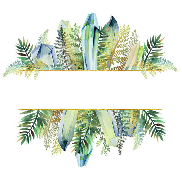 Goldene Rahmeneinfassung mit handgezeichneten grünen und goldenen tropischen Farnblättern und Aquarellkristallen auf weißem Hintergrund, Hochzeits- oder sonstigem Urlaubsdesign - Foto, Bild