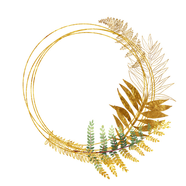 Goldener runder Rahmen mit handgezeichneten goldenen tropischen Farnzweigen und Blättern auf weißem Hintergrund, Hochzeits- oder sonstiges Urlaubsdesign - Foto, Bild