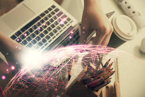 Double exposure of woman hands typing on computer and social network theme hologram drawing. People media concept. - 写真・画像