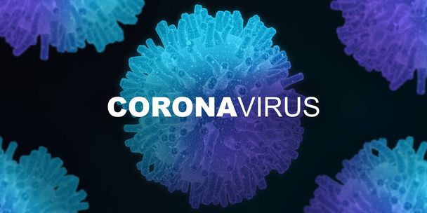Macro illustration with respiratory influenza cells and word CORONAVIRUS, black background - Photo, Image