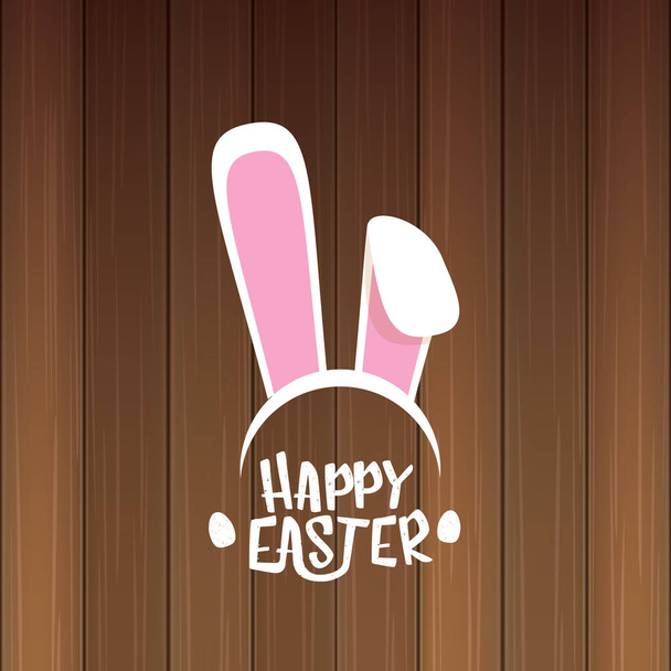 Vector happy easter greeting card with white easter bunny funky mask with rabbit ears and easter text isolated on wooden background. - Vecteur, image