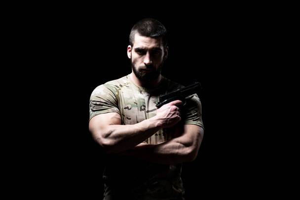American Marine Corps Special Operations Modern Warfare Soldier With Fire Arm Weapon Ready for Battle on Black Background - Photo, image
