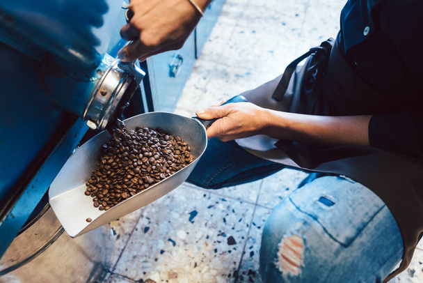ストレージからコーヒー豆を取る女性 - 写真・画像