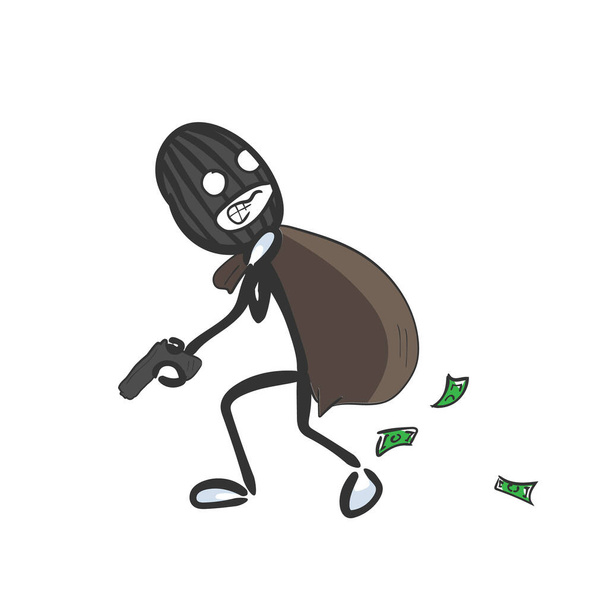 Robo de banco. Criminal con máscara huyendo con una bolsa de dinero en efectivo. Mano dibujada. Caricatura de Stickman. Bosquejo de Doodle, Vector ilustración gráfica ladrón robar
 - Vector, Imagen