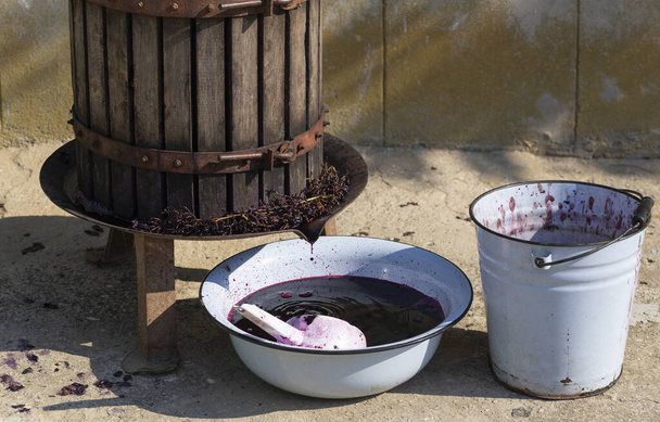 Weinherstellung. Technologie der Weinproduktion in Moldawien. Die alte Volkstradition der Traubenverarbeitung. Mit der Quetsche wird der Wein gepresst.  - Foto, Bild