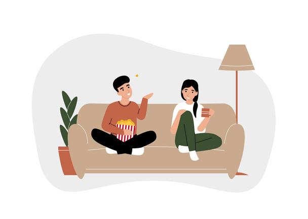 Couple man amd woman sit on the couch, watching movie TV and eating popcorn together. Stay home coronavirus quarantine. Flat vector modern cartoon illustration design concept. - Vector, Image