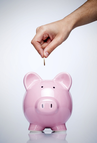 Female hand putting coin into a piggy bank over gray background - Foto, Imagen