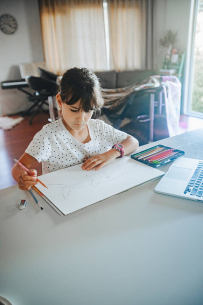 indoor portrait of young caucasian girl drawing at home, home schooling, online learning - 写真・画像
