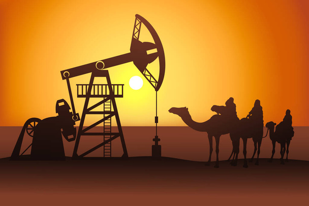 Векторная иллюстрация нефтяного насоса и верблюжьих всадников. Нефтяная скважина
. - Вектор,изображение