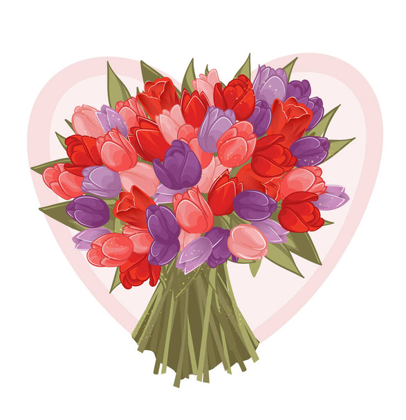 bukiet wiosenne kolorowe tulipany na tle serca - Wektor, obraz