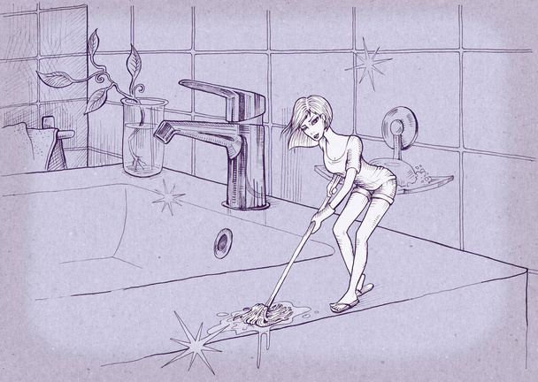 Maagd. Klein meisje schoonmaken wastafel in de badkamer. Handgetekende illustratie digitaal gekleurd - Foto, afbeelding