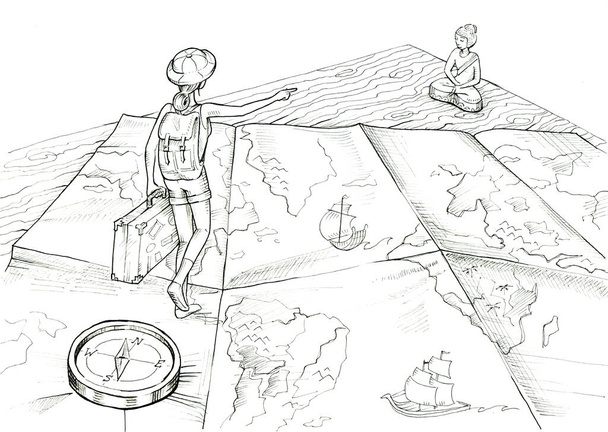 Střelec. Malá holka kráčející po mapě světa. Ručně kreslená ilustrace. Černobílá kresba - Fotografie, Obrázek