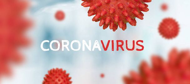 Vue microscopique du coronavirus, modèle de souche virale du Cov-SRMO et du coronavirus avec texte sur le CONTEXTE MÉDICAL flou, cas de souche grippale dangereuse en tant que concept de risque médical pandémique
 - Photo, image