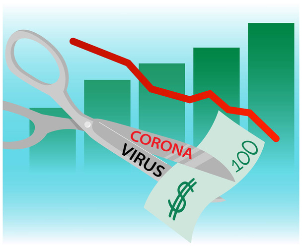 Coronavirus COVID-19 epidemie dopad na globální ekonomiku a akciové trhy, finanční krize koncepce. Graf pádu ekonomického trhu. Nůžky, bankovky, peníze.  - Vektor, obrázek
